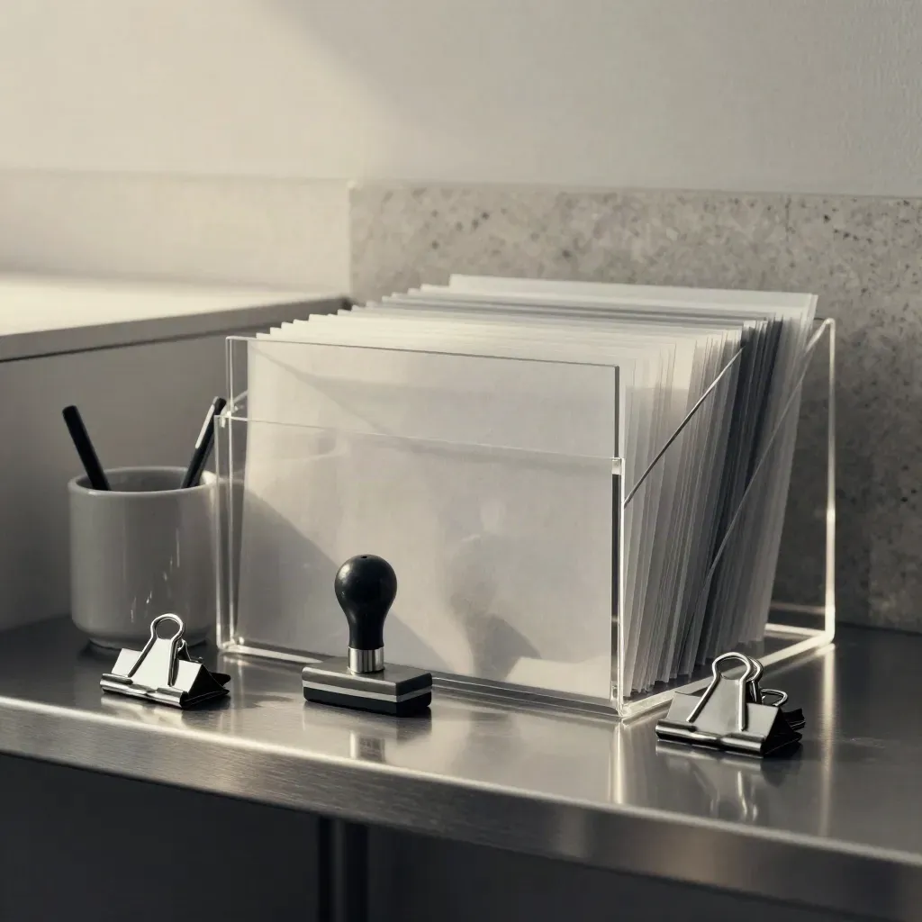Primary-care referral kit with acrylic file box, date stamp, pen cup and metal clips on steel
