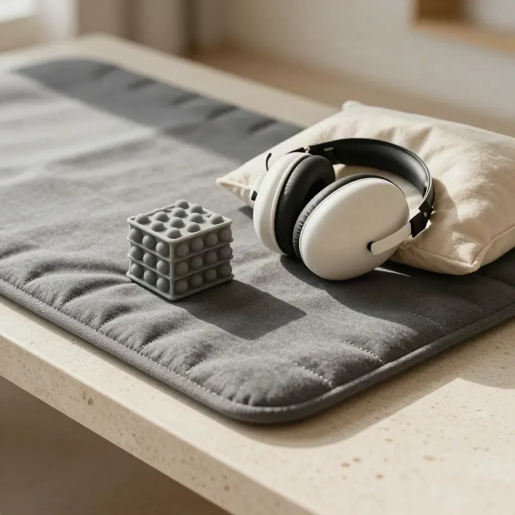 Pediatric sensory kit with weighted lap pad, fidget cube, earmuffs and pouch on travertine.