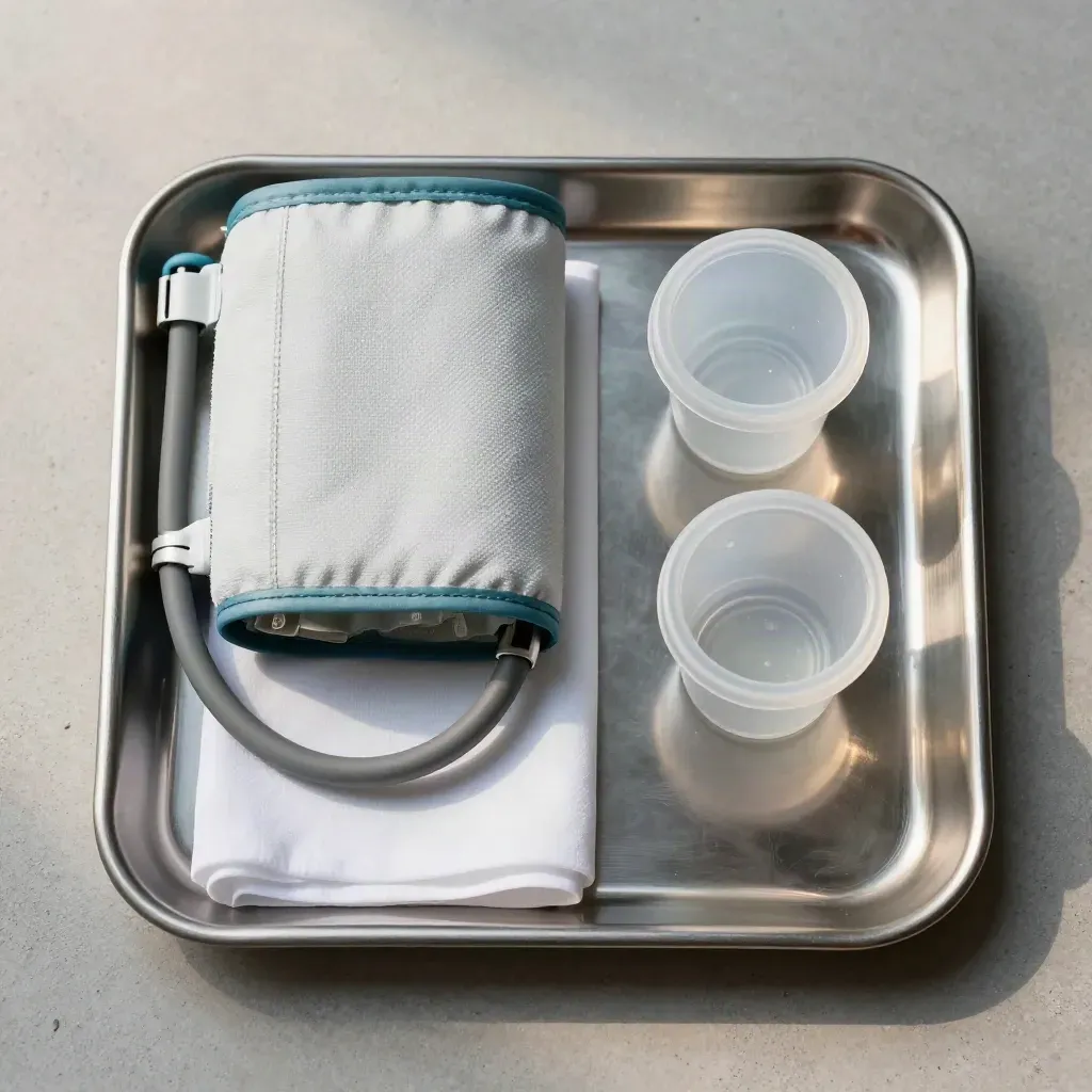 Overhead macro still life of hospital intake tools on a pale stone surface with cool teal accents.