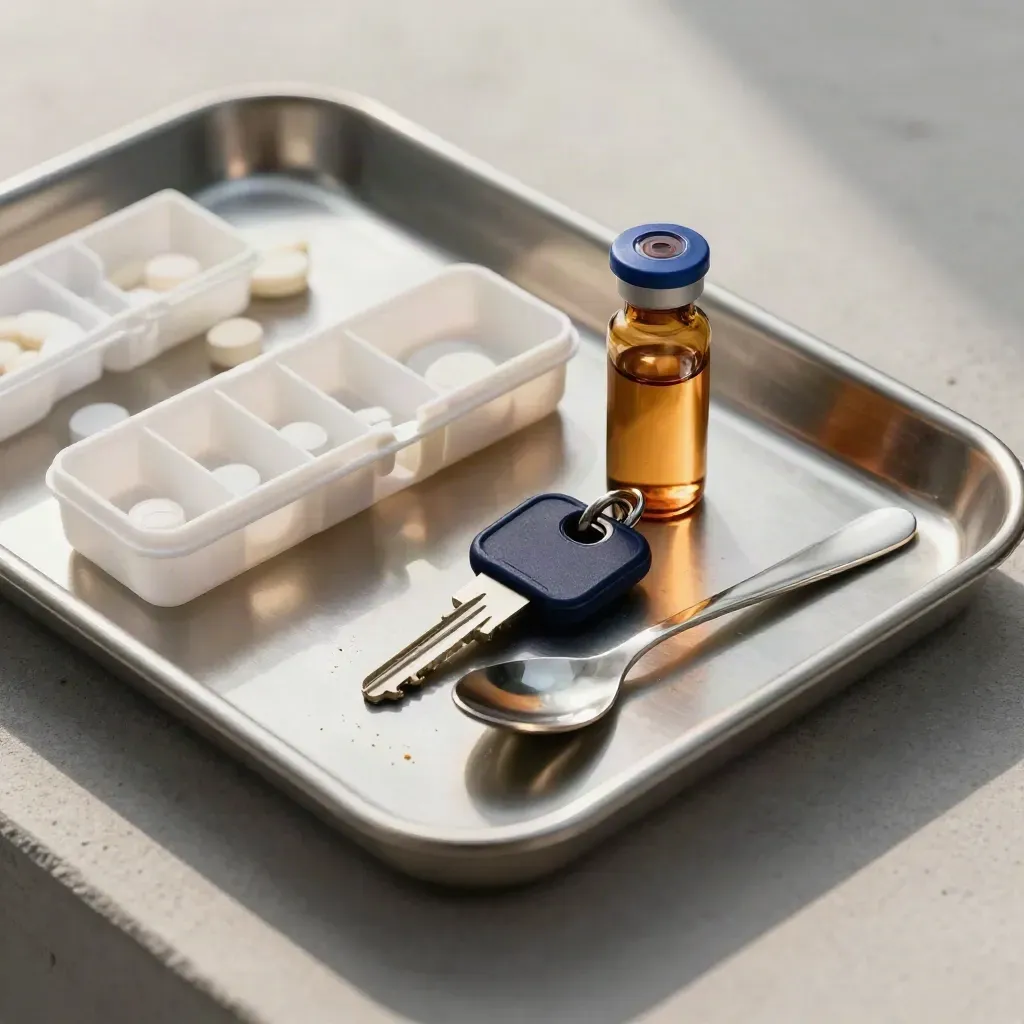 Medication kit on steel tray with vial, pill sorter, and lockbox key