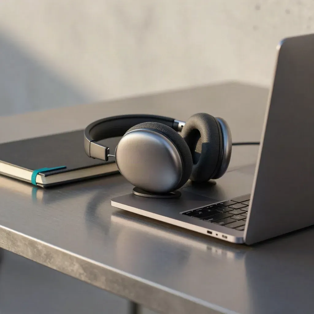 Closed laptop, headset in dock, and folded notebook on brushed metal in a calm telehealth kit.