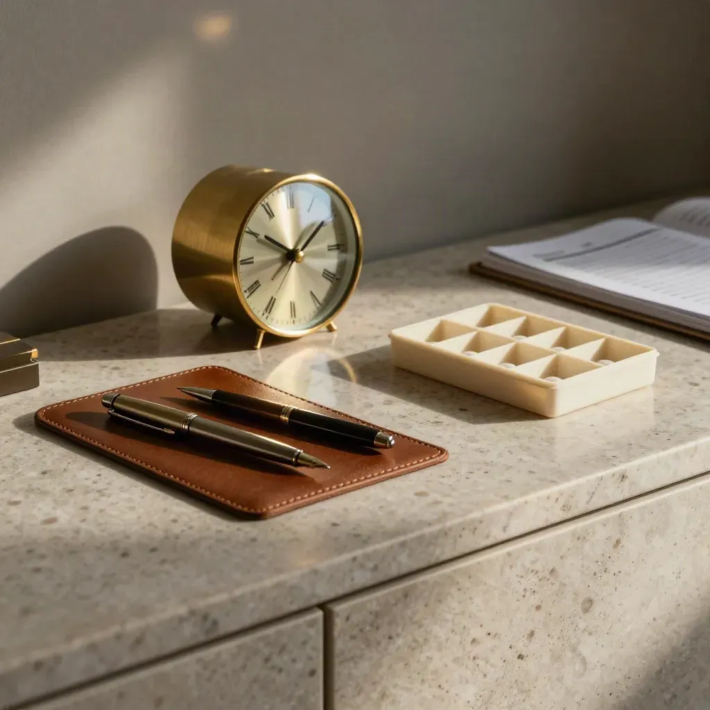 Psychiatry office still life with pen, brass clock, pill organizer, and leather blotter