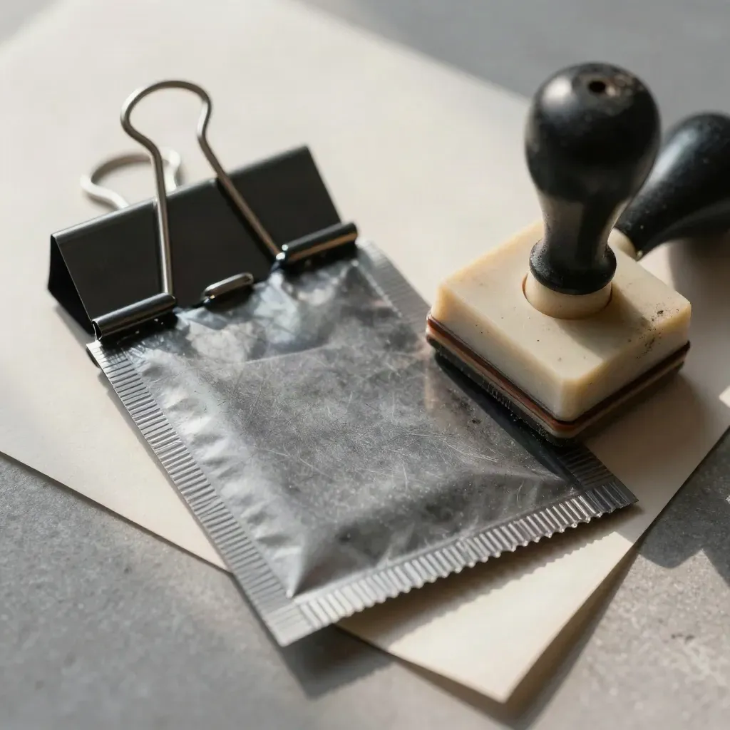 Graphite clipboard, intake packet, binder clips, and rubber stamp on a neutral stone surface.