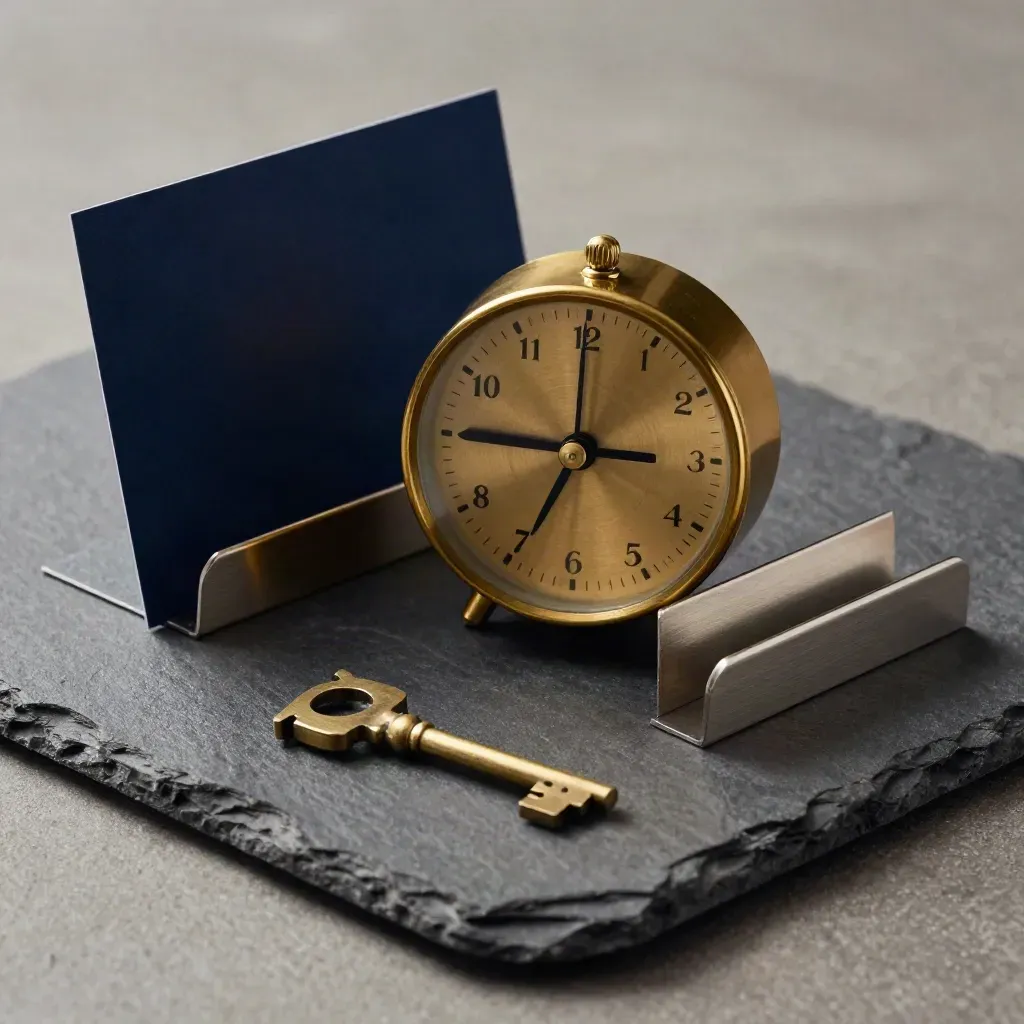 Brass desk timer with appointment wheel and metal dividers on graphite stone, lit dramatically