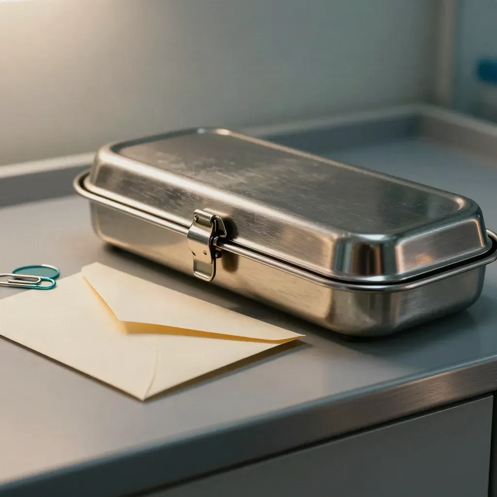 Locked steel message tray with sealed envelope and paperclip tin on a graphite shelf.