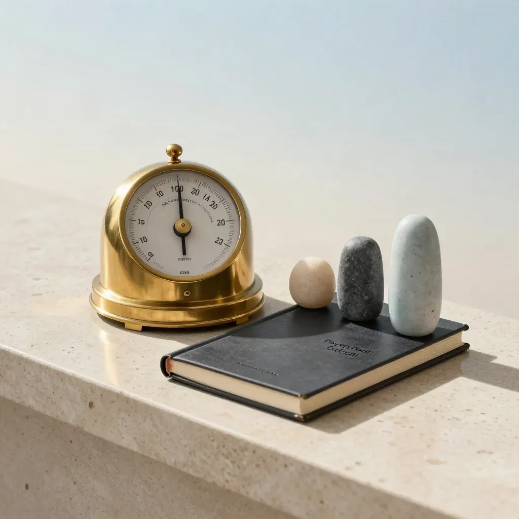 Brass tally counter, closed symptom logbook, and three stone markers on travertine.