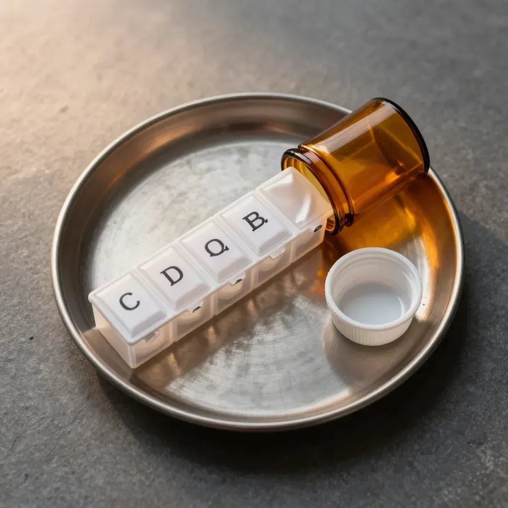 Top-down pill organizer, amber bottle, steel tray, and dose cup on graphite stone.