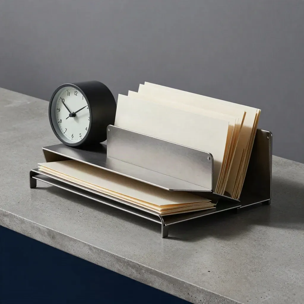 Clinic task tray with desk clock and dividers on concrete under dramatic studio light