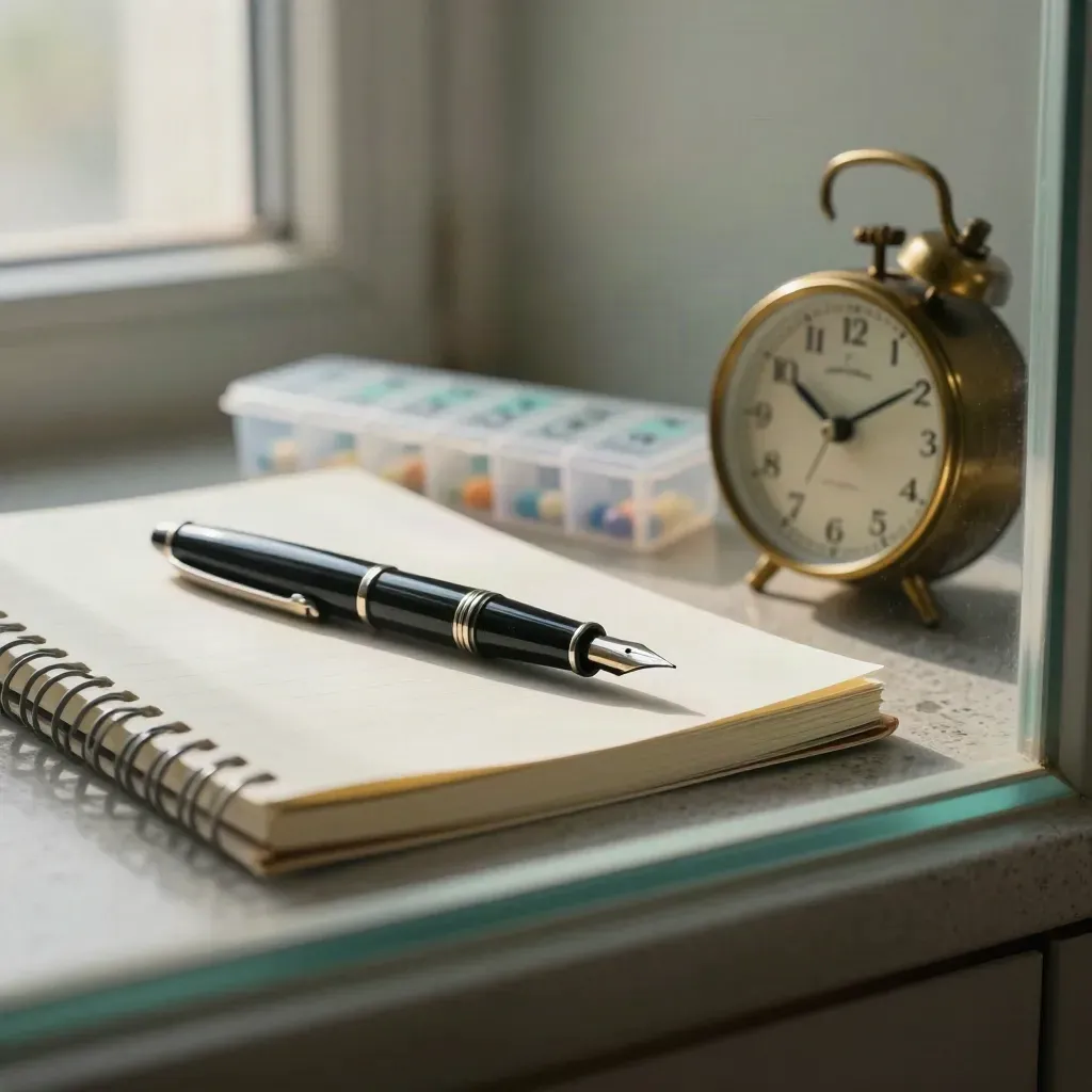 Psychiatrist desk kit with pen, closed notebook, pill organizer, and brass clock behind frosted glass