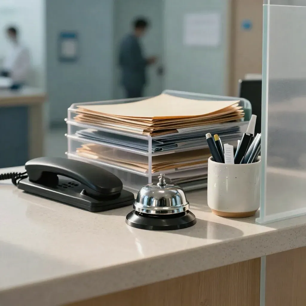 Reception bell, intercom, file trays, and pens on a clinic counter seen through frosted acrylic.