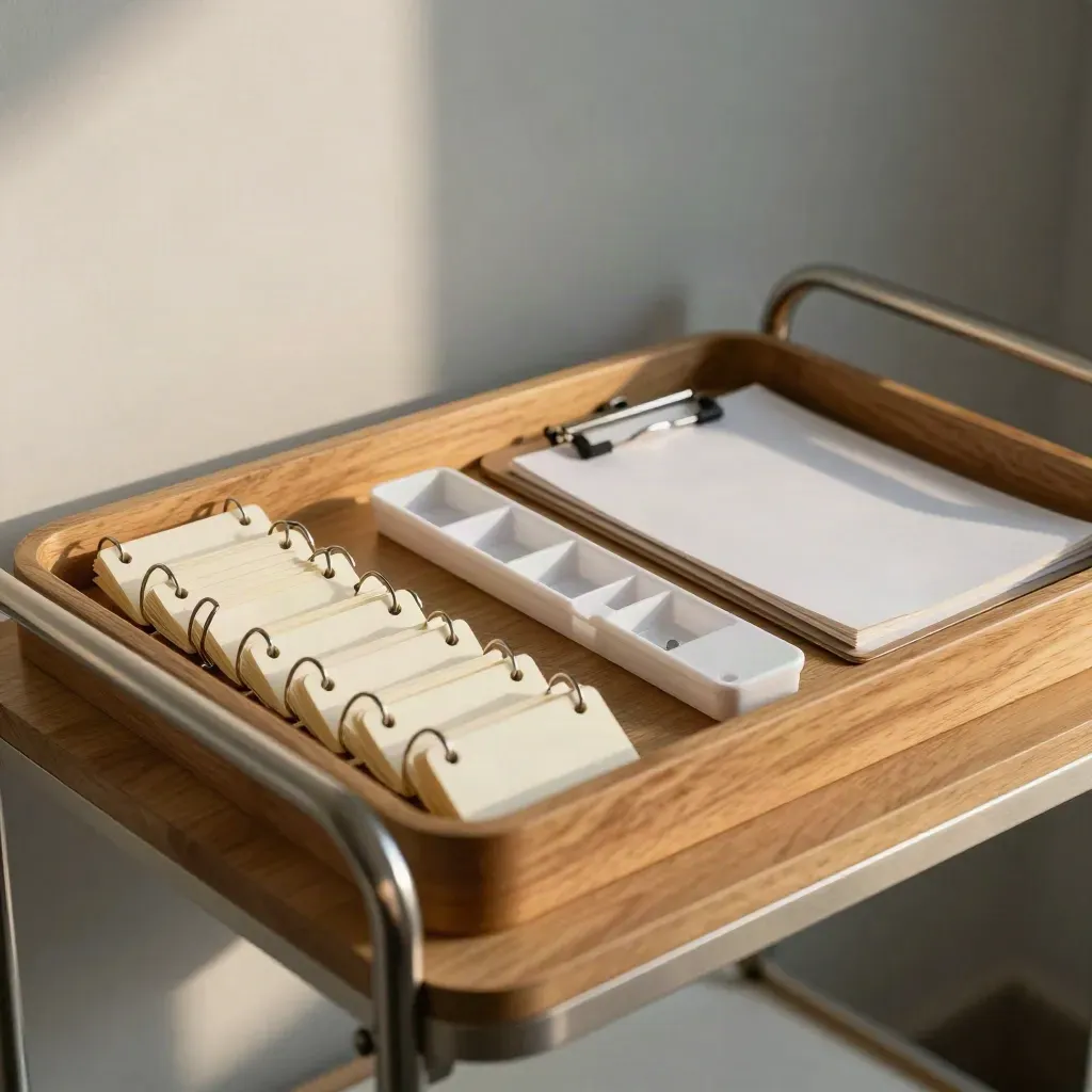Care-handoff tray with rings, tabs, pill sorter, and clipboard on honey oak under raking light.