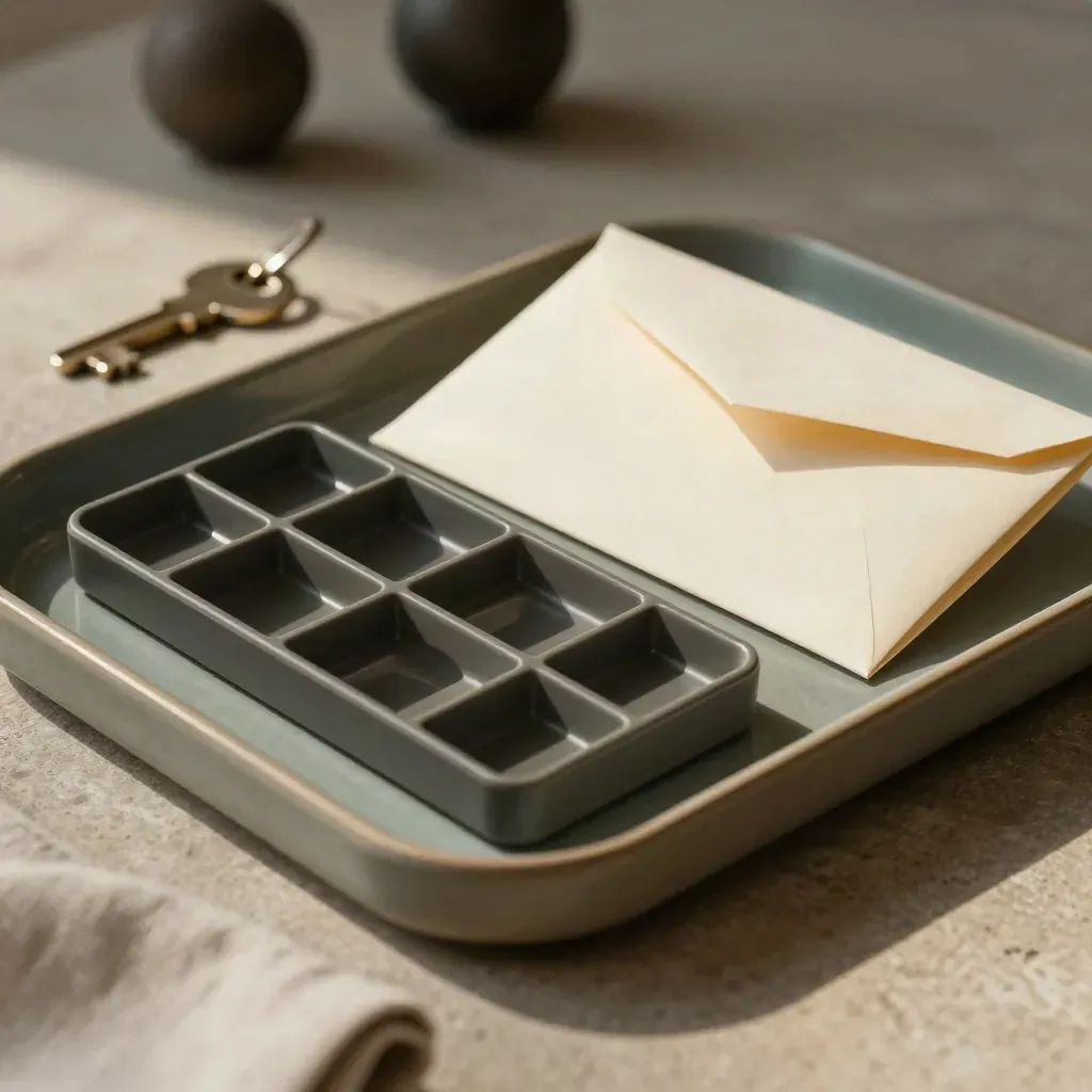 Pill organizer, sealed envelope, and brass pen rest in a tray under dramatic studio light.