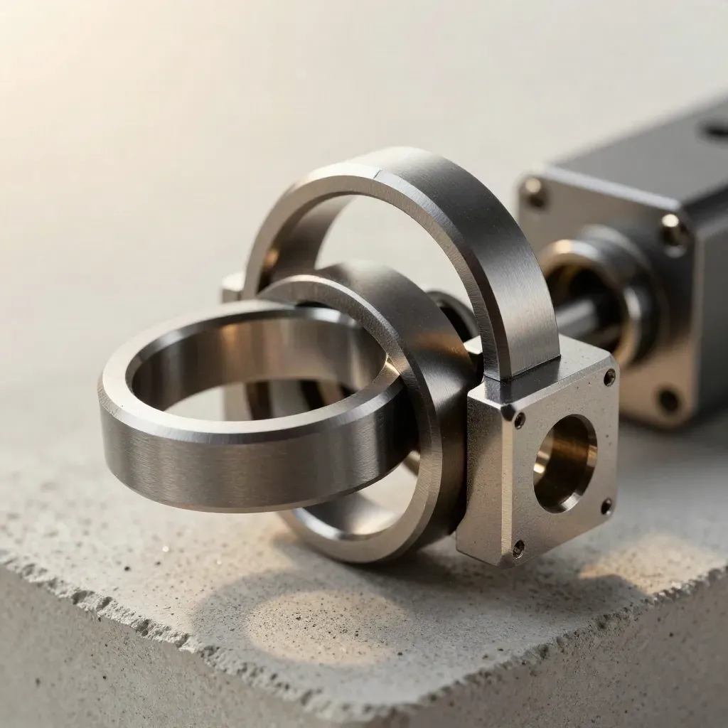 Top-down macro of machined rings and a square connector block on pale concrete