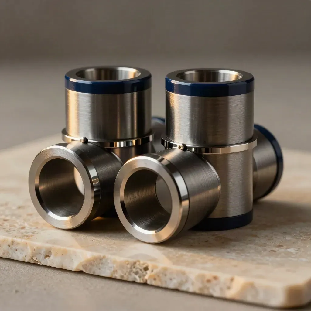 Anodized cylinders linked by a polished coupling ring on warm limestone.