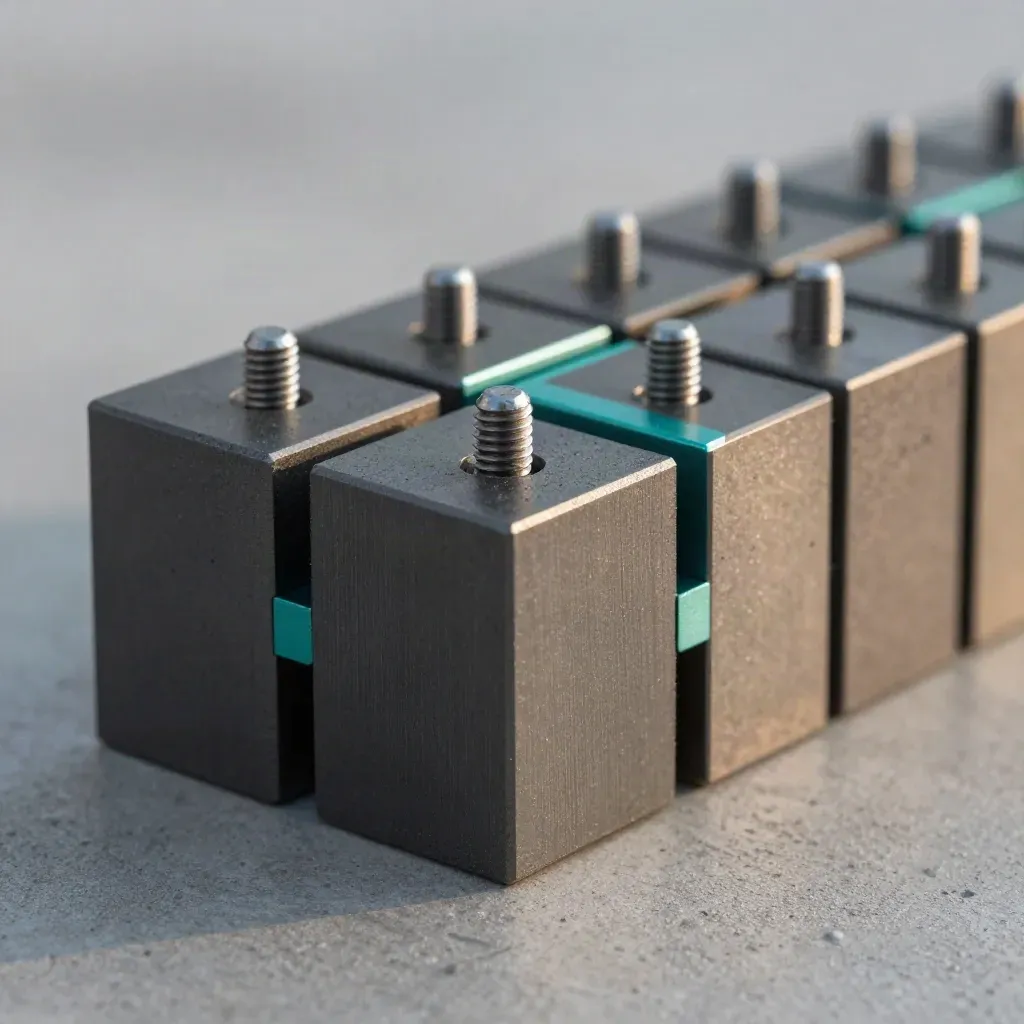 Graphite modular cubes and steel pins snapping into a clean grid on concrete.