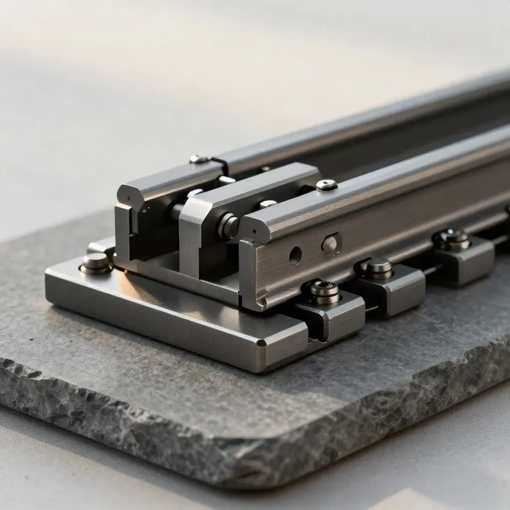 Graphite modular rails and link plate on brushed stone under soft daylight.