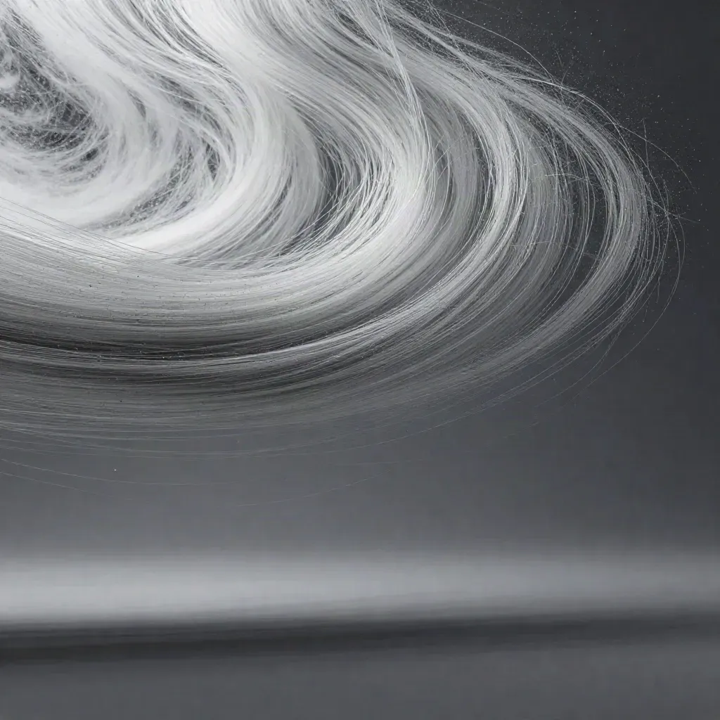 Silver filaments converge into a soft white bloom in graphite haze, leaving calm space below.