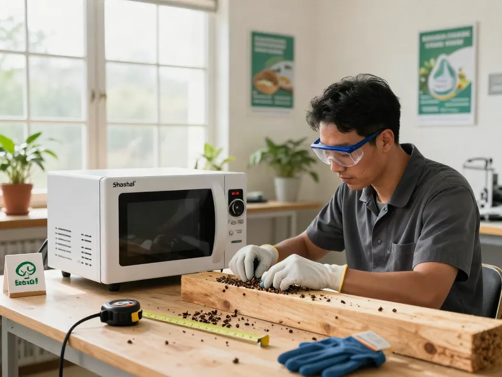 Shashel® technician using microwave equipment for eco-friendly pest control in a workshop.