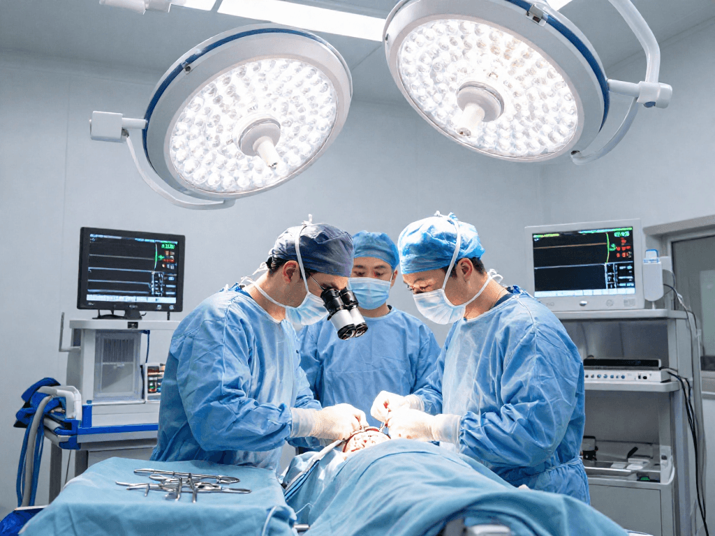 Beyin tümörü ameliyatı performed by a skilled neurosurgeon in a bright hospital operating room.