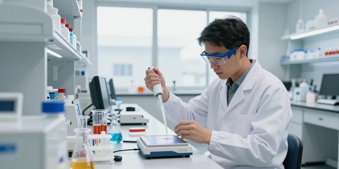 Laboratory equipment supplier demonstrating precision with pipettes and balances in modern lab.